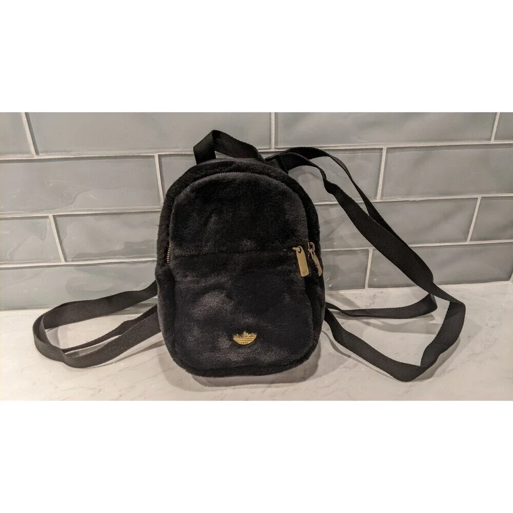ADIDAS Black Faux Fur Adjustable Mini-Backpack Gold Trefoil Hardware - Picture 15 of 16